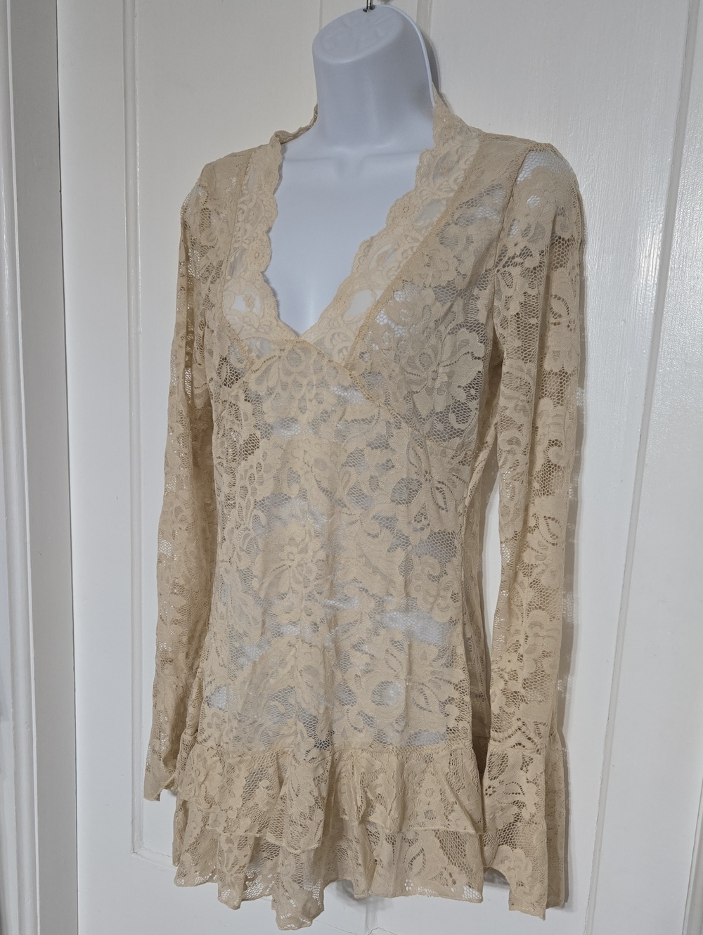 Beige Sheer Lace V-Neck Long Sleeve Top